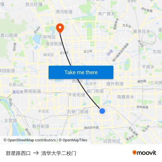 群星路西口 to 清华大学二校门 map