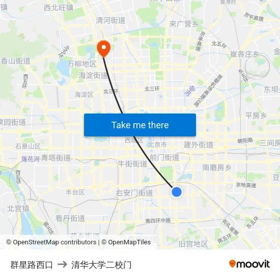 群星路西口 to 清华大学二校门 map