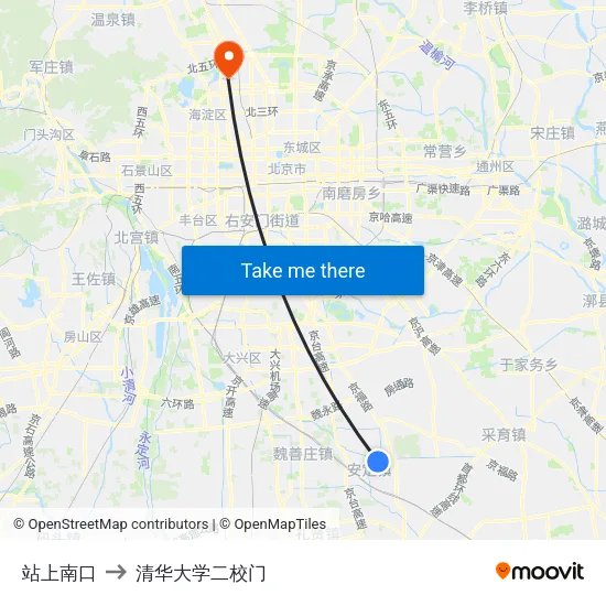站上南口 to 清华大学二校门 map