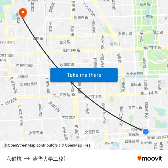 六铺炕 to 清华大学二校门 map