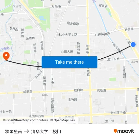 双泉堡南 to 清华大学二校门 map