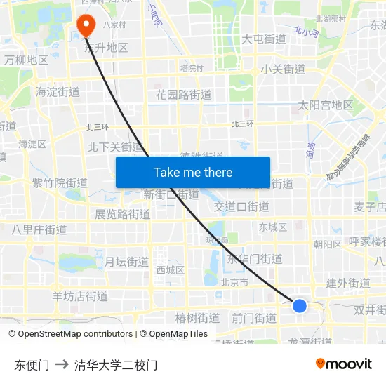 东便门 to 清华大学二校门 map