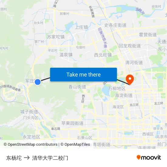 东杨坨 to 清华大学二校门 map