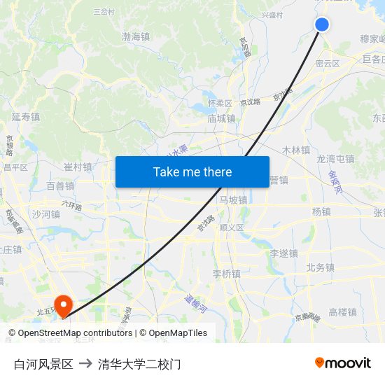 白河风景区 to 清华大学二校门 map