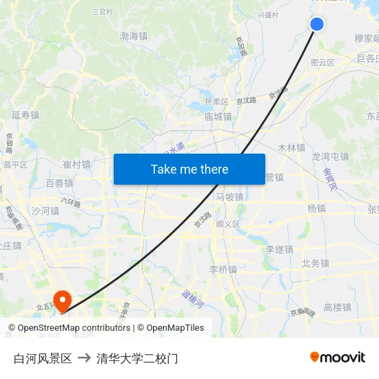 白河风景区 to 清华大学二校门 map