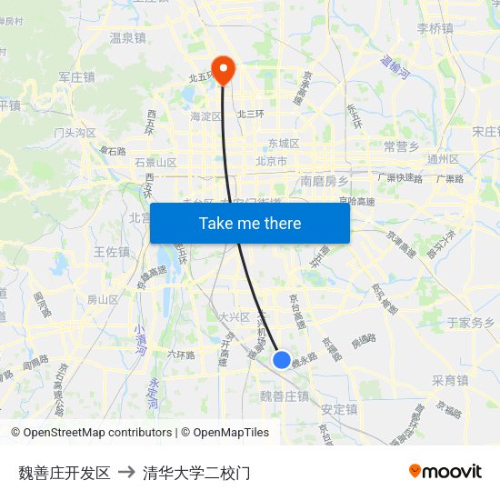 魏善庄开发区 to 清华大学二校门 map