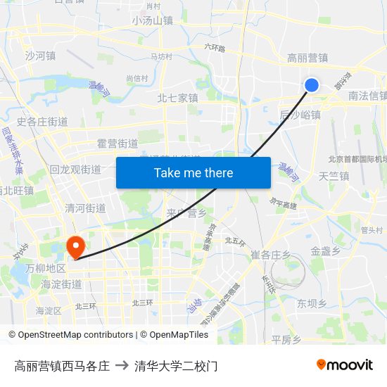 高丽营镇西马各庄 to 清华大学二校门 map