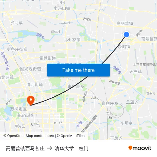 高丽营镇西马各庄 to 清华大学二校门 map