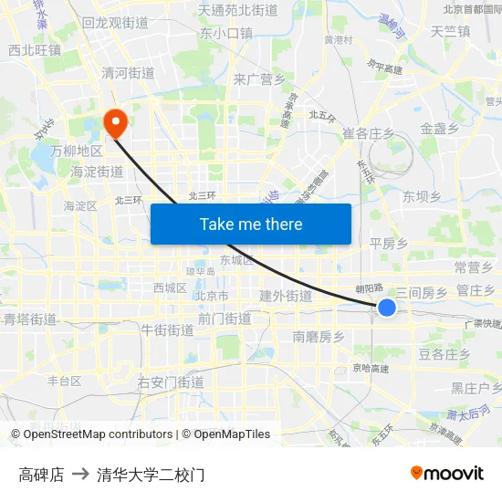 高碑店 to 清华大学二校门 map