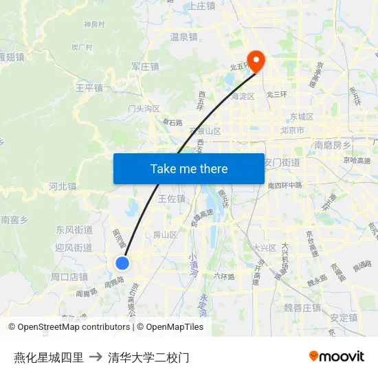 燕化星城四里 to 清华大学二校门 map