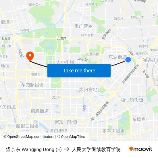 望京东 Wangjing Dong (E) to 人民大学继续教育学院 map