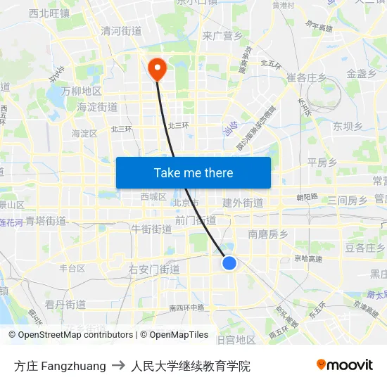 方庄 Fangzhuang to 人民大学继续教育学院 map