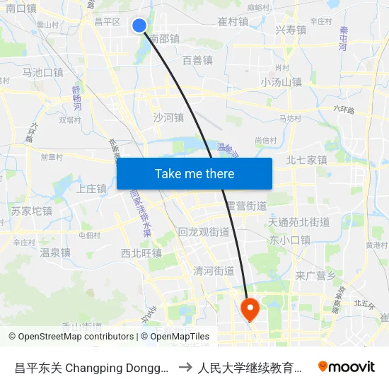 昌平东关 Changping Dongguan to 人民大学继续教育学院 map