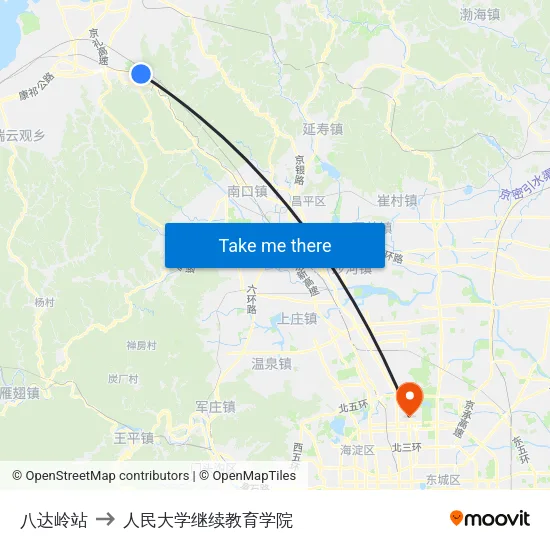 八达岭站 to 人民大学继续教育学院 map