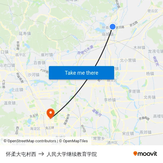怀柔大屯村西 to 人民大学继续教育学院 map