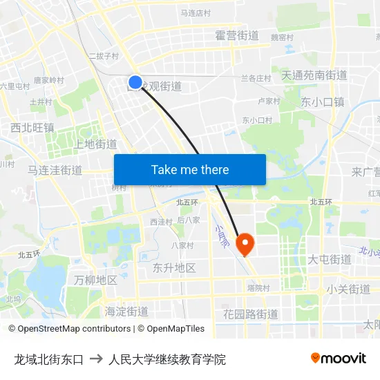 龙域北街东口 to 人民大学继续教育学院 map