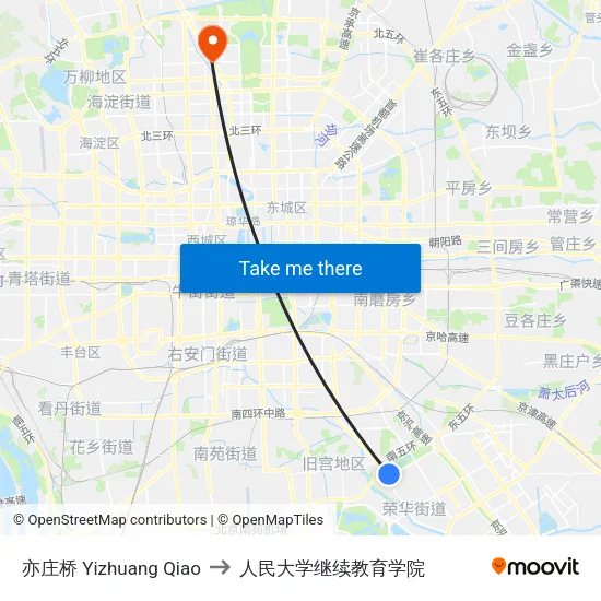 亦庄桥 Yizhuang Qiao to 人民大学继续教育学院 map