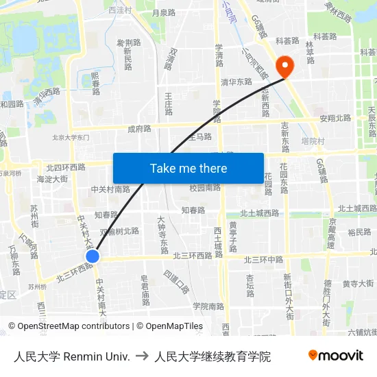 人民大学 Renmin Univ. to 人民大学继续教育学院 map