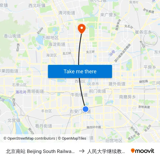 北京南站 Beijing South Railway Station to 人民大学继续教育学院 map