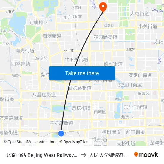 北京西站 Beijing West Railway Station to 人民大学继续教育学院 map