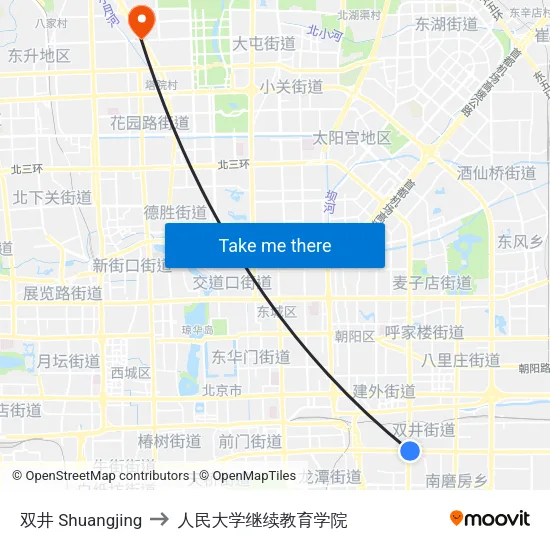 双井 Shuangjing to 人民大学继续教育学院 map