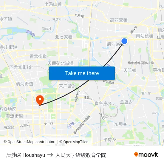 后沙峪 Houshayu to 人民大学继续教育学院 map