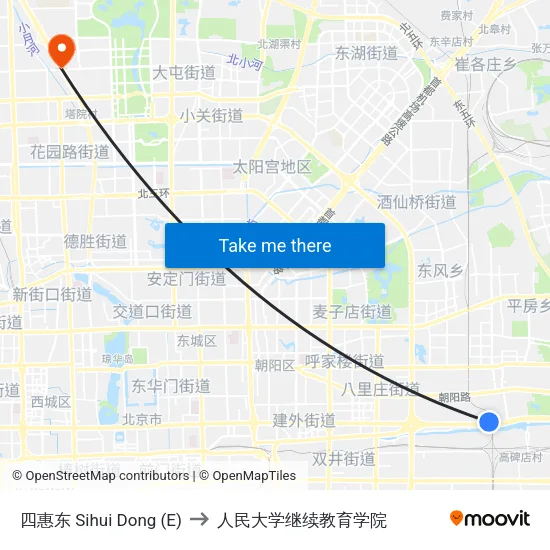 四惠东 Sihui Dong (E) to 人民大学继续教育学院 map