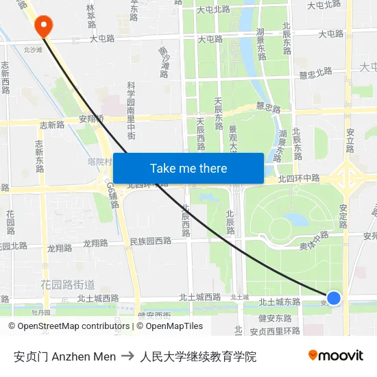安贞门 Anzhen Men to 人民大学继续教育学院 map