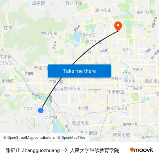 张郭庄 Zhangguozhuang to 人民大学继续教育学院 map