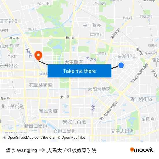 望京 Wangjing to 人民大学继续教育学院 map