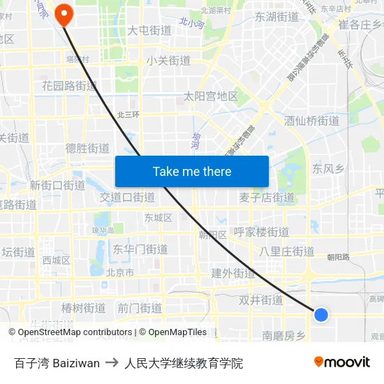 百子湾 Baiziwan to 人民大学继续教育学院 map