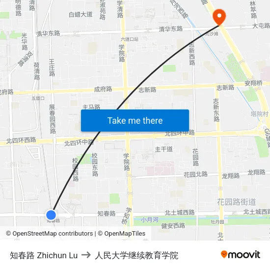 知春路 Zhichun Lu to 人民大学继续教育学院 map
