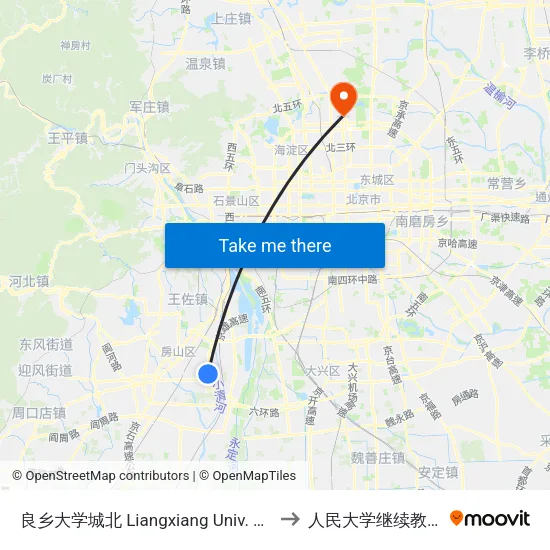 良乡大学城北 Liangxiang Univ. Town North to 人民大学继续教育学院 map