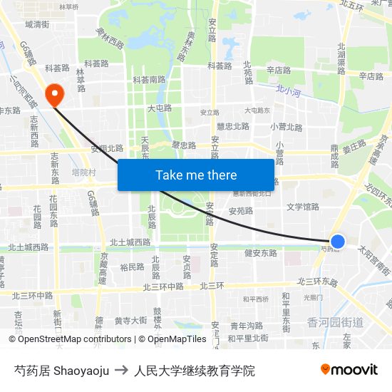 芍药居 Shaoyaoju to 人民大学继续教育学院 map