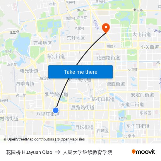 花园桥 Huayuan Qiao to 人民大学继续教育学院 map