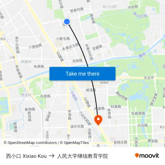西小口 Xixiao Kou to 人民大学继续教育学院 map