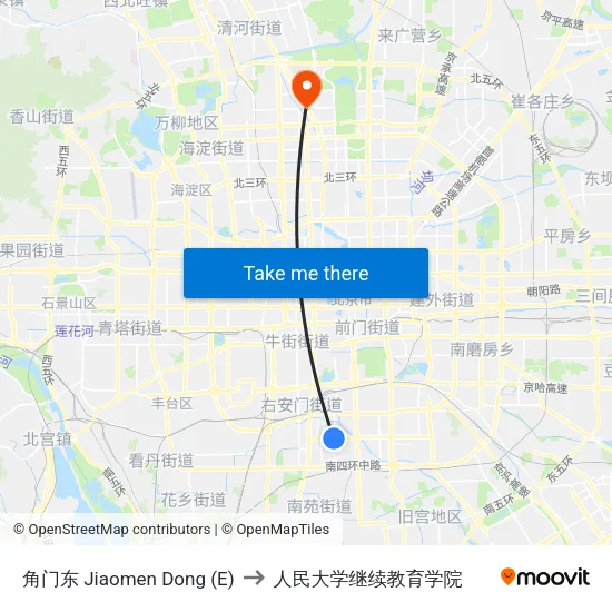 角门东 Jiaomen Dong (E) to 人民大学继续教育学院 map