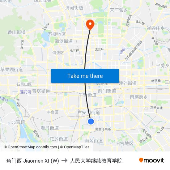 角门西 Jiaomen XI (W) to 人民大学继续教育学院 map