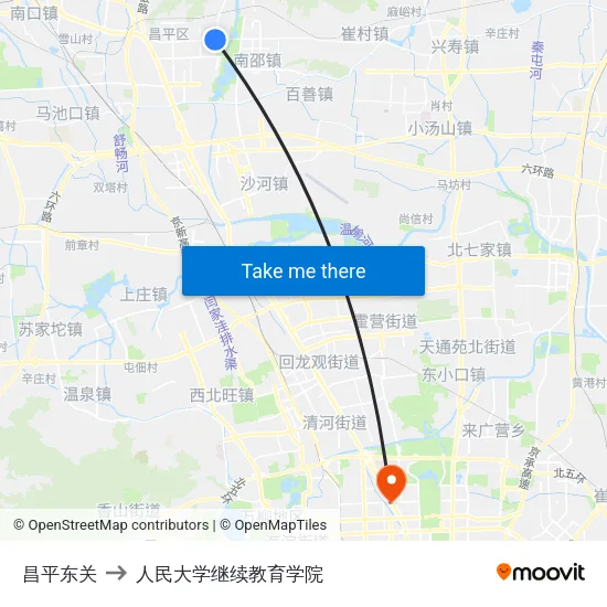 昌平东关 to 人民大学继续教育学院 map
