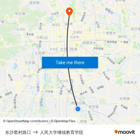东沙窝村路口 to 人民大学继续教育学院 map
