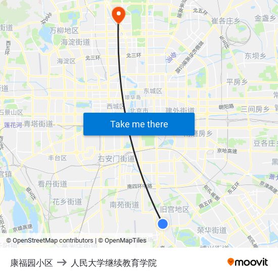 康福园小区 to 人民大学继续教育学院 map