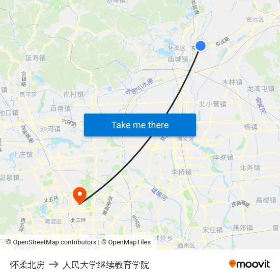 怀柔北房 to 人民大学继续教育学院 map