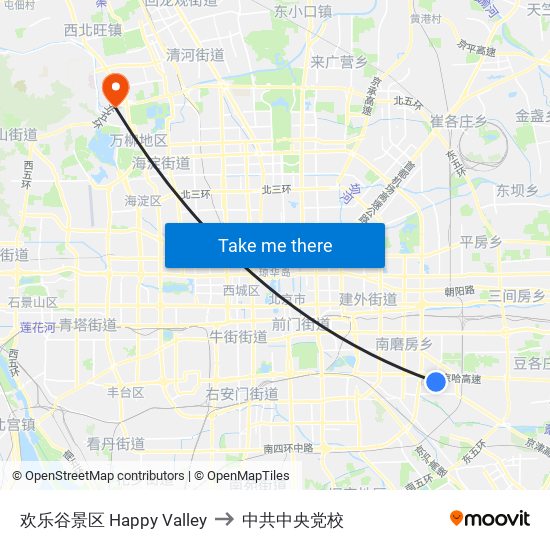 欢乐谷景区 Happy Valley to 中共中央党校 map