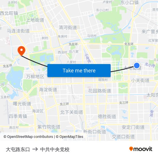大屯路东口 to 中共中央党校 map