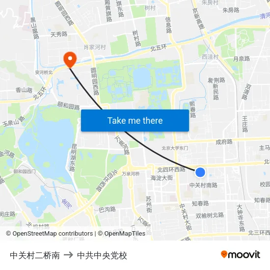 中关村二桥南 to 中共中央党校 map