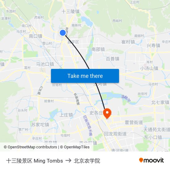 十三陵景区 Ming Tombs to 北京农学院 map