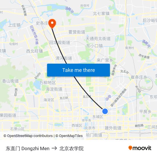 东直门 Dongzhi Men to 北京农学院 map