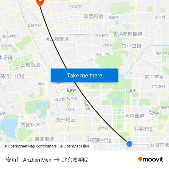 安贞门 Anzhen Men to 北京农学院 map