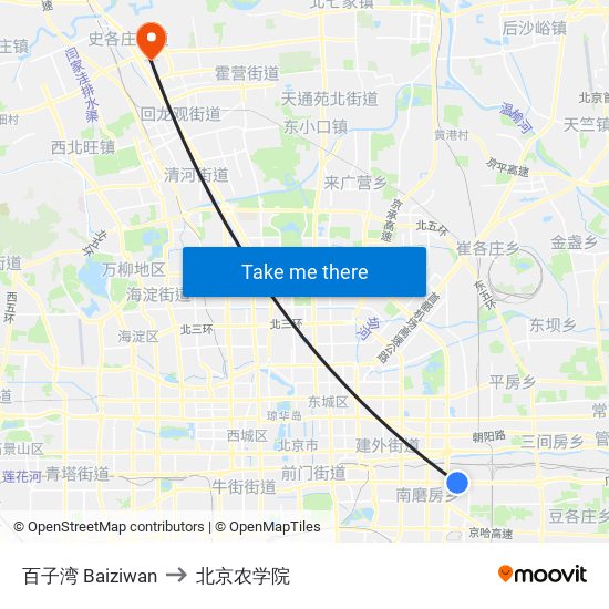 百子湾 Baiziwan to 北京农学院 map