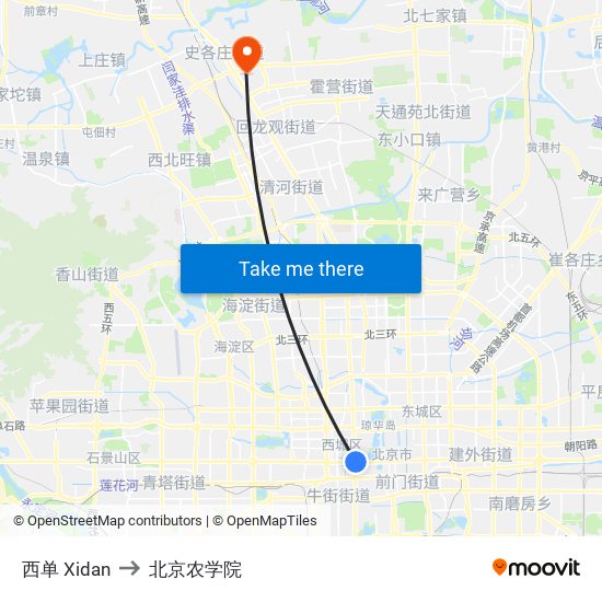 西单 Xidan to 北京农学院 map